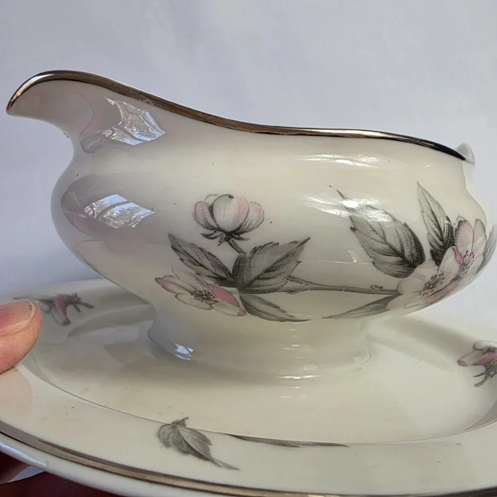 Manor House Spring Glory Gravy Boat & Underplate Pink & White Floral Gray Leaves